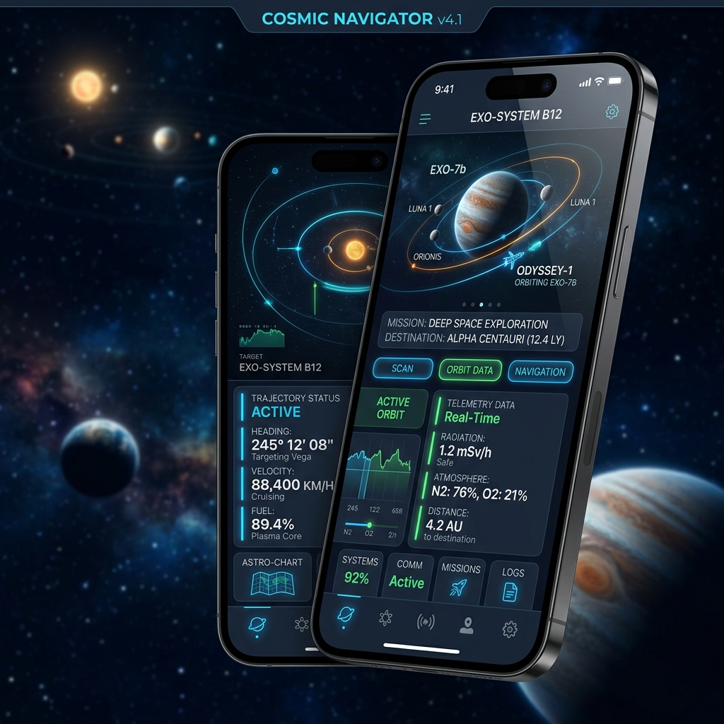 Futuristic screen interface of Cosmic Journey space application